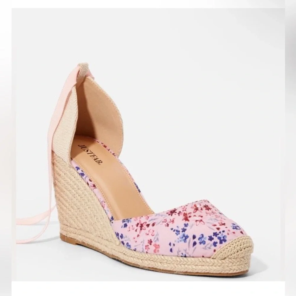 JustFab Pink Floral Wedge Espadrilles